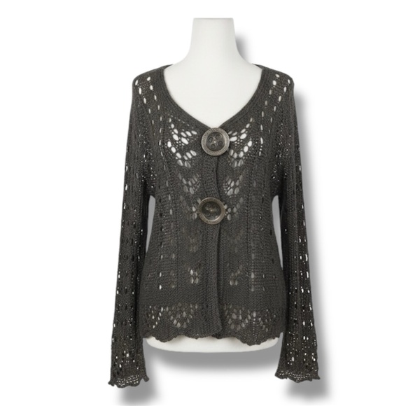 Patrice Breal Vintage Crochet Wide Knit Brown Cardigan Blouse - Picture 1 of 3